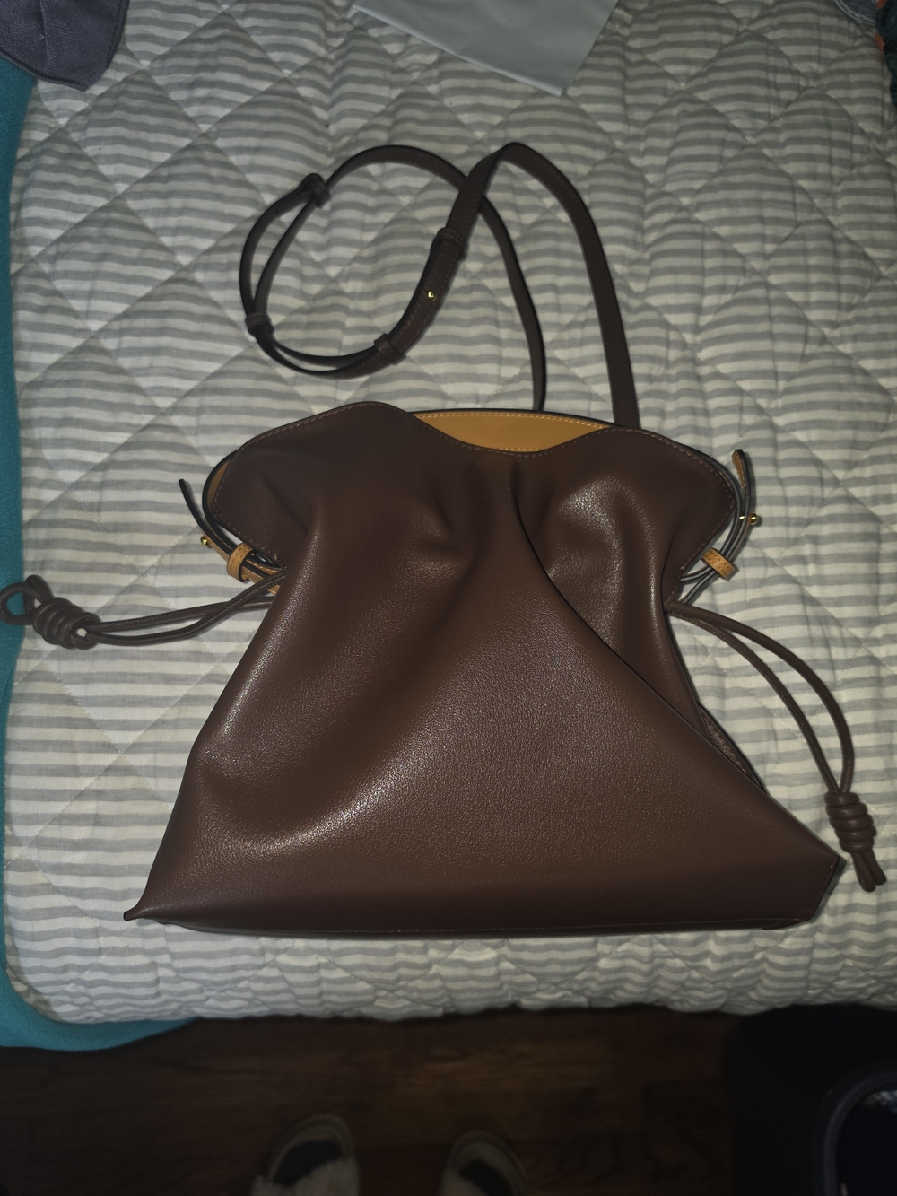 Brown Leather Calfskin Leather Cinch Flamenco Crossbody Bag